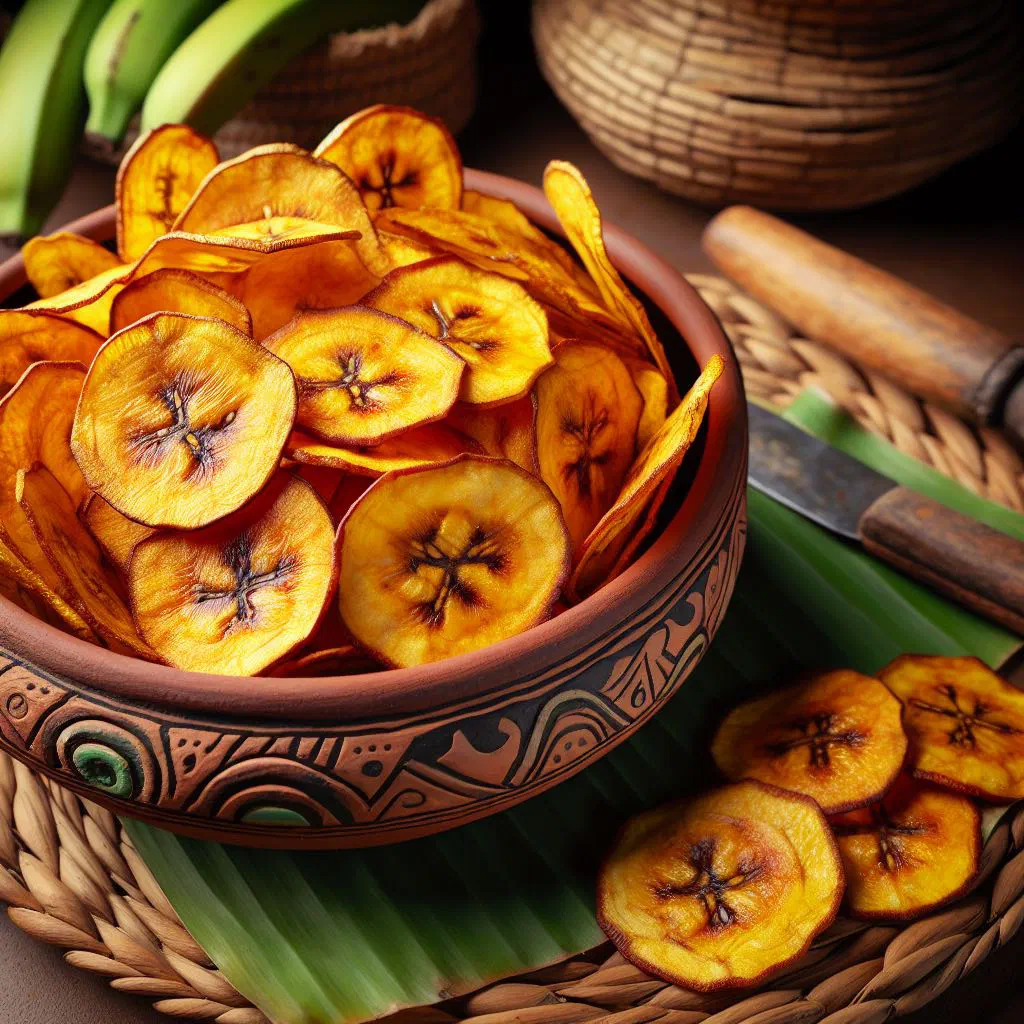 A bowl of crisp golden plantain chips sprinkled with salt