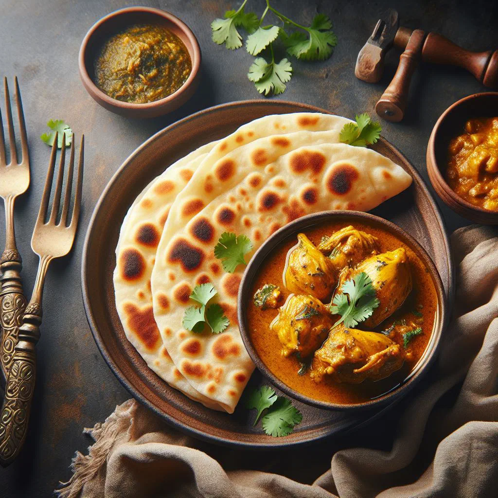 Guyanese chicken curry in coconut sauce served with soft flatbread roti