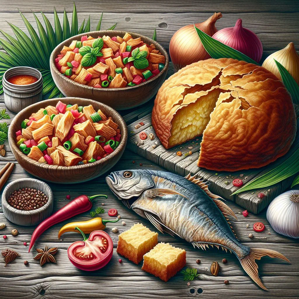 Golden fried bake with seasoned saltfish and fresh vegetables