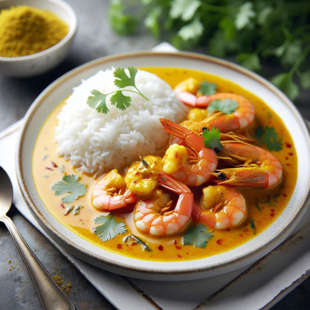Guyanese shrimp curry in coconut sauce garnished with fresh coriander
