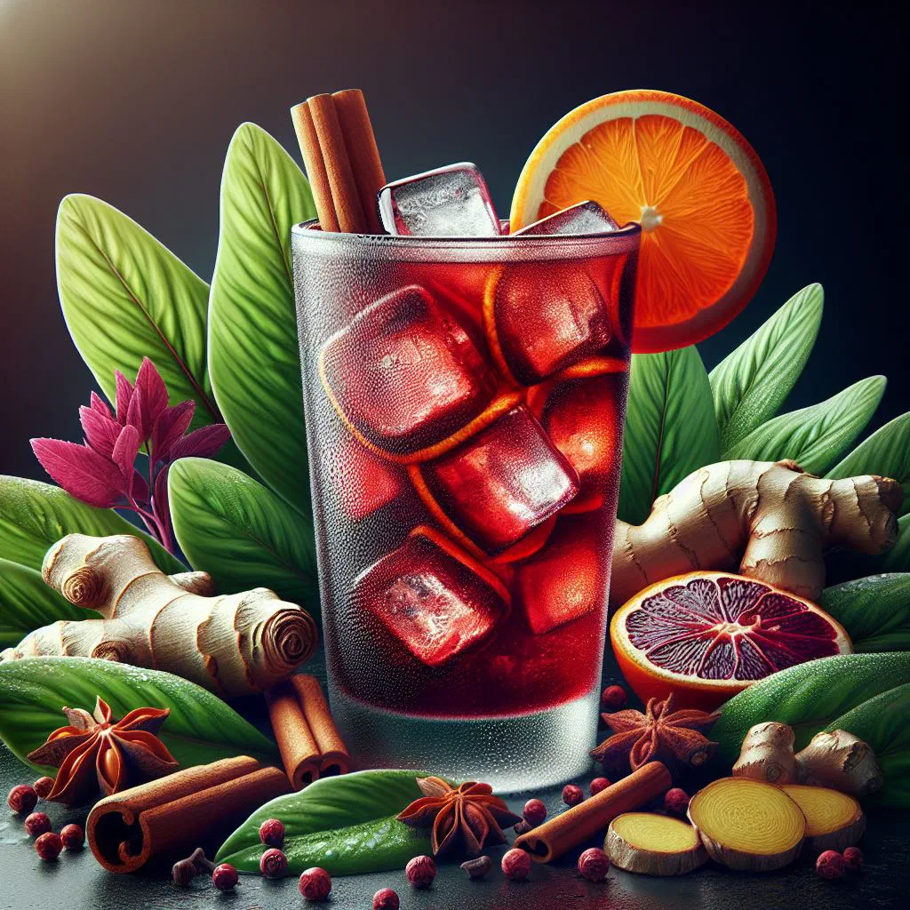 A tall glass of deep-red sorrel drink garnished with mint and lime