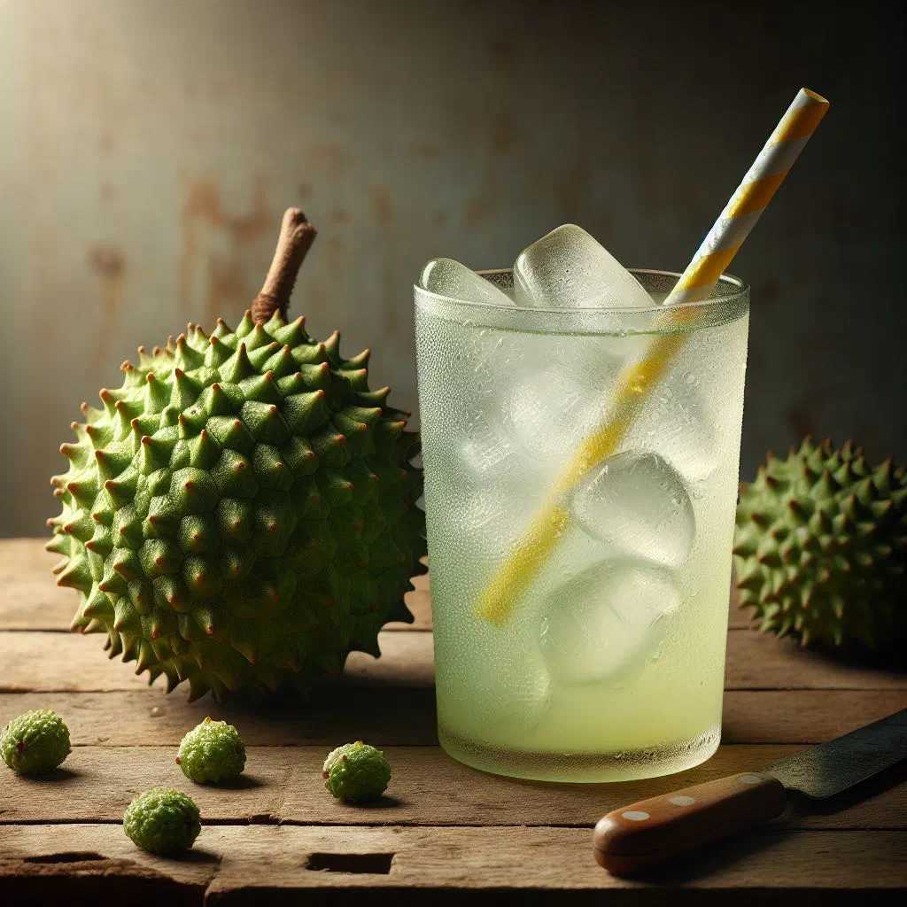 A chilled glass of creamy soursop drink garnished with fresh mint