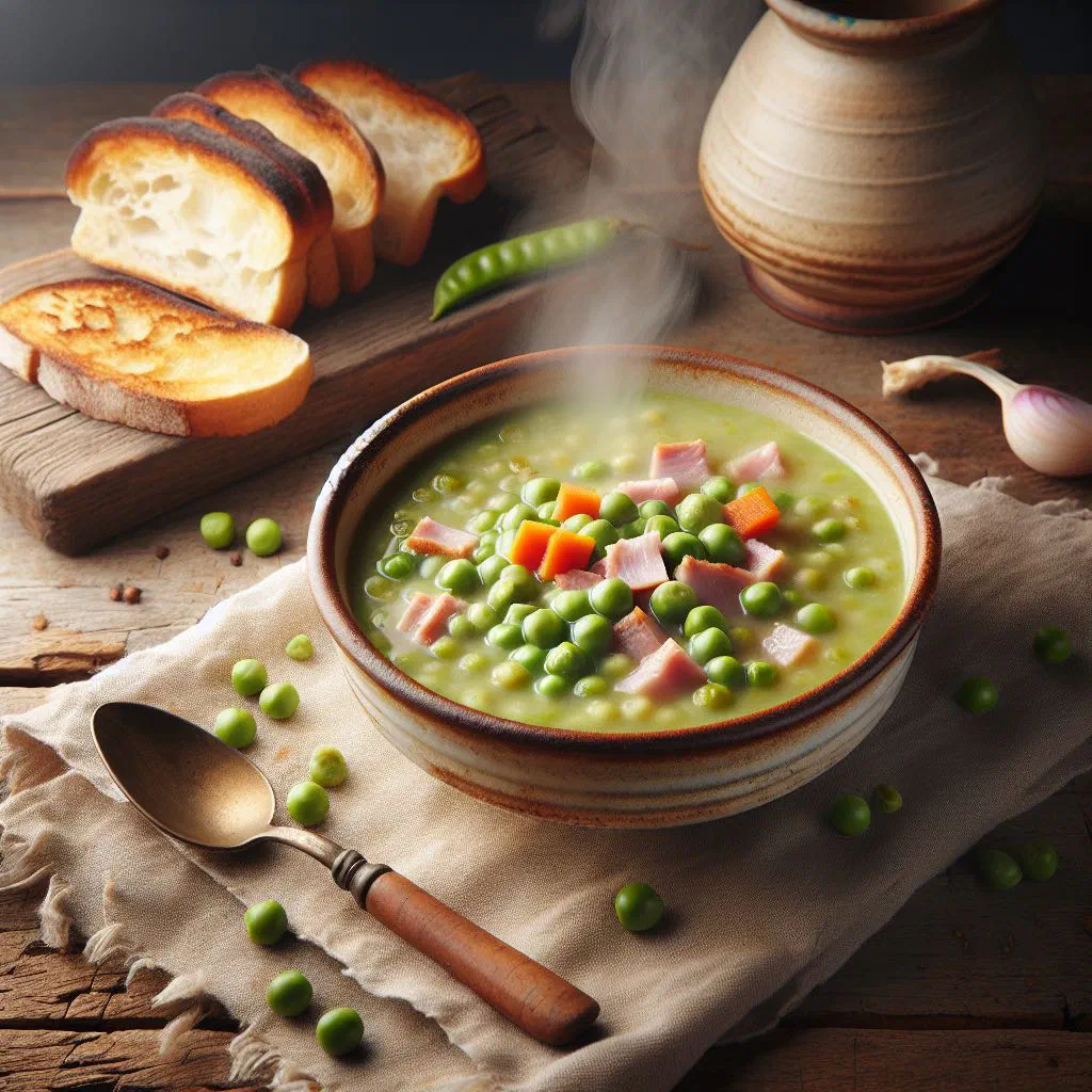A bowl of creamy green split pea soup garnished with fresh herbs