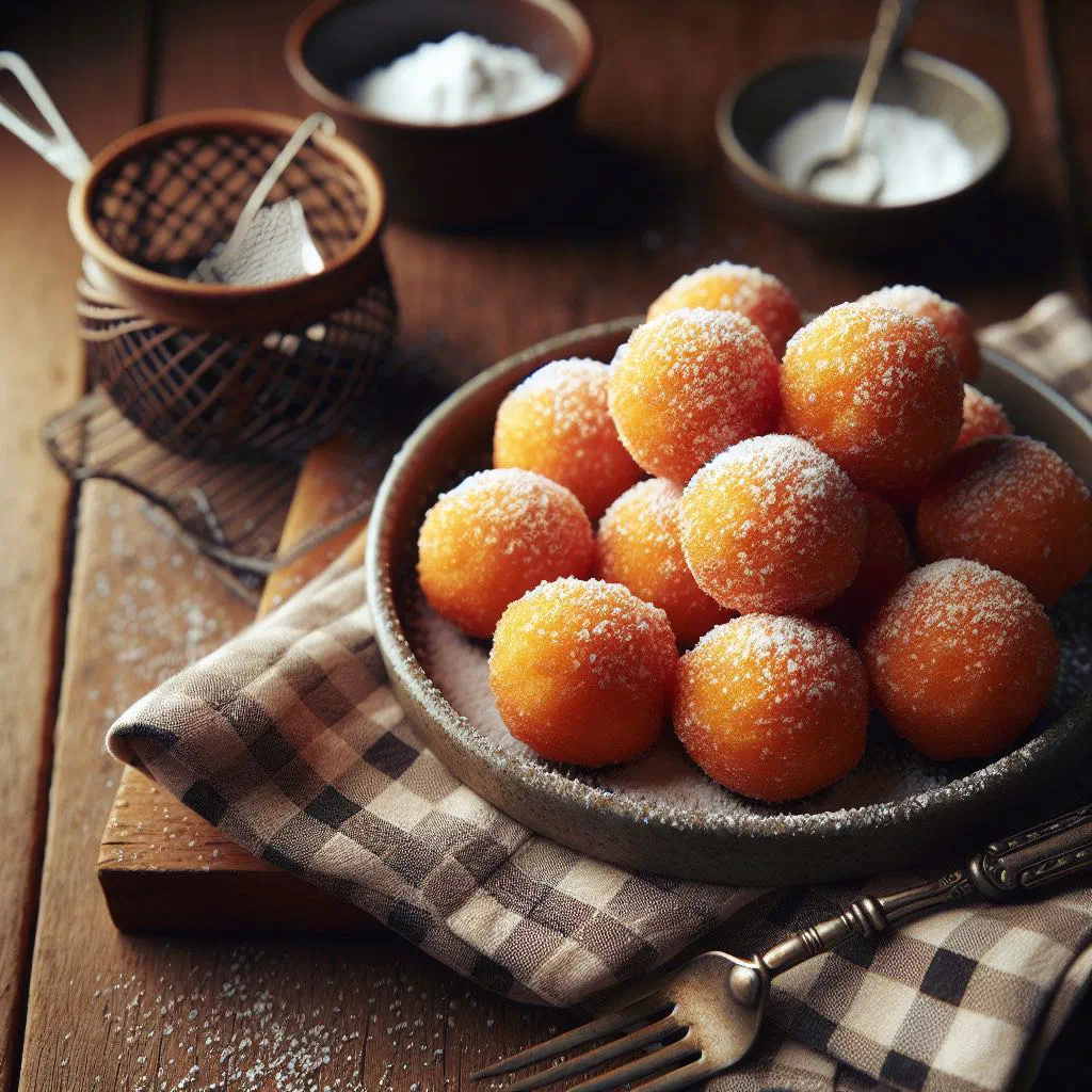 Golden fried sweet potato balls on a plate with fresh herbs