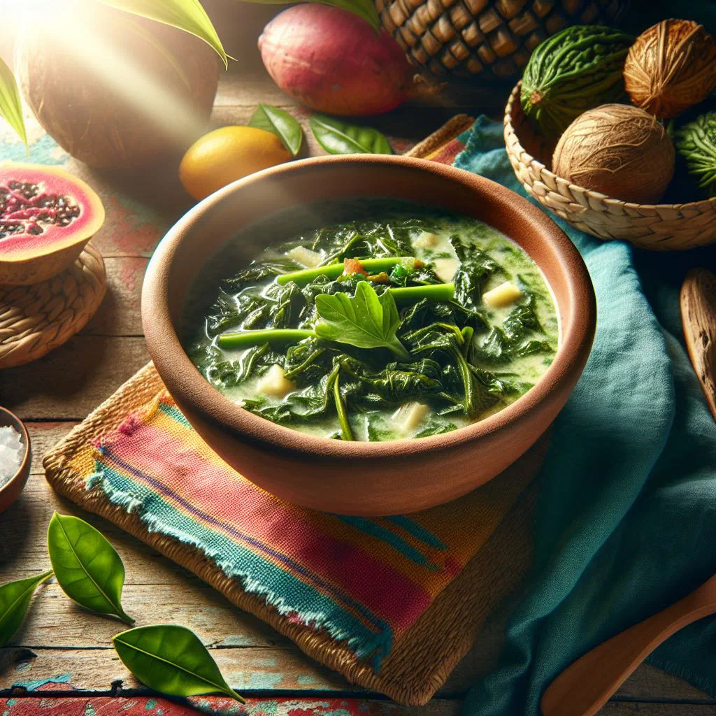 Tannia leaf callaloo simmered in coconut milk with onion and chilli