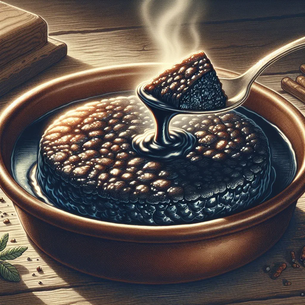 Sliced thick black pudding on a plate with fresh herbs and lime