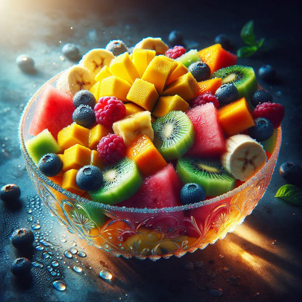 Bowl of diced tropical fruit salad with mango, pineapple and mint