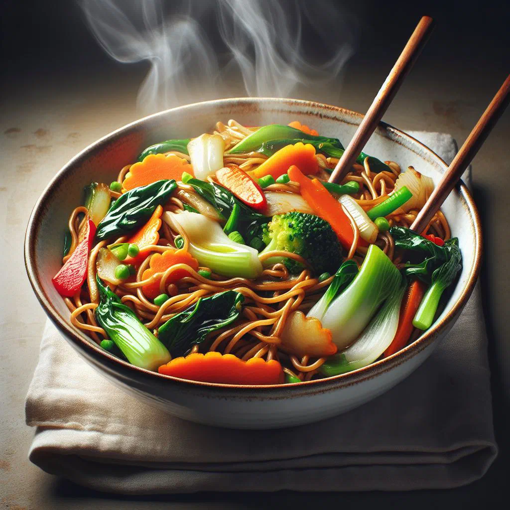 Vegetable chow mein with colourful stir-fried vegetables and noodles
