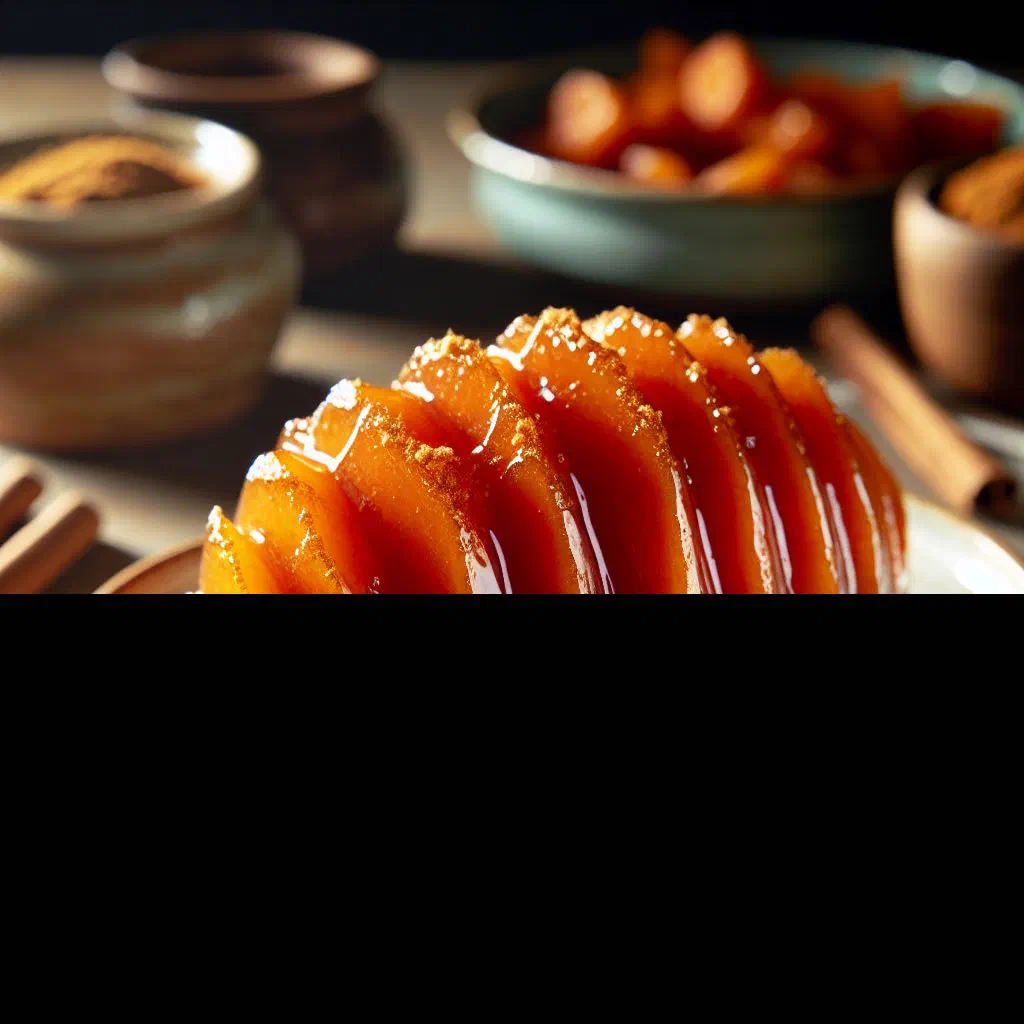 Candied sweet potato pieces baked golden with cinnamon and brown sugar