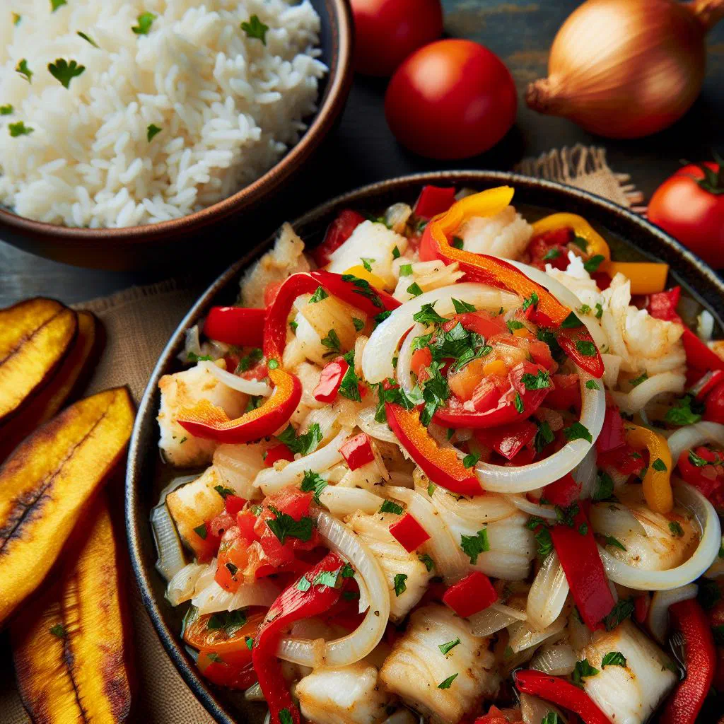 Shredded salt cod with peppers, onions and tomatoes served in a bowl