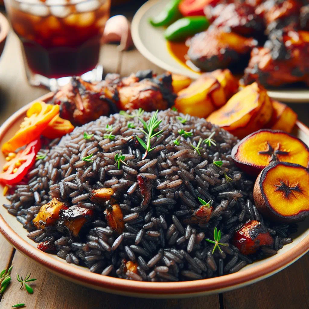 A bowl of deep black djon djon rice studded with vegetables and fresh herbs