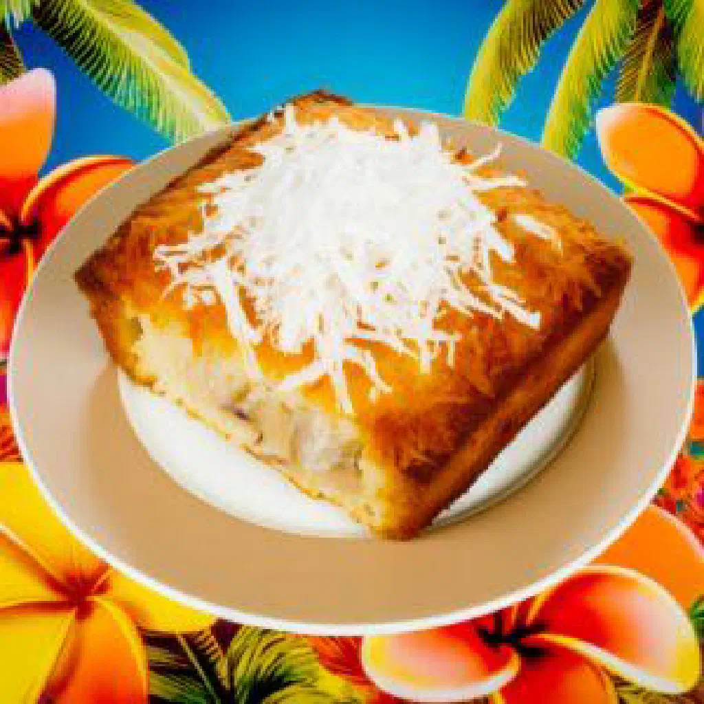Slice of moist Haitian coconut cake dusted with icing sugar