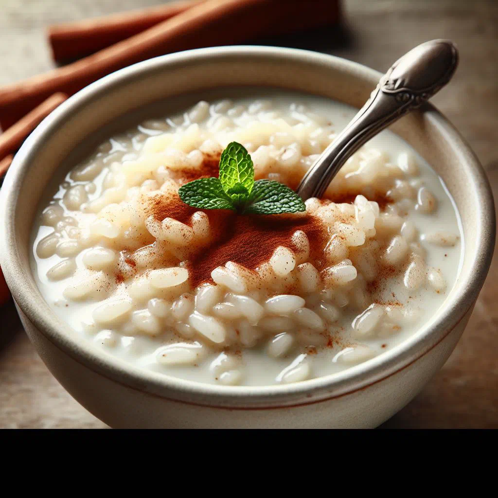 Creamy Haitian rice pudding dusted with cinnamon in a small bowl