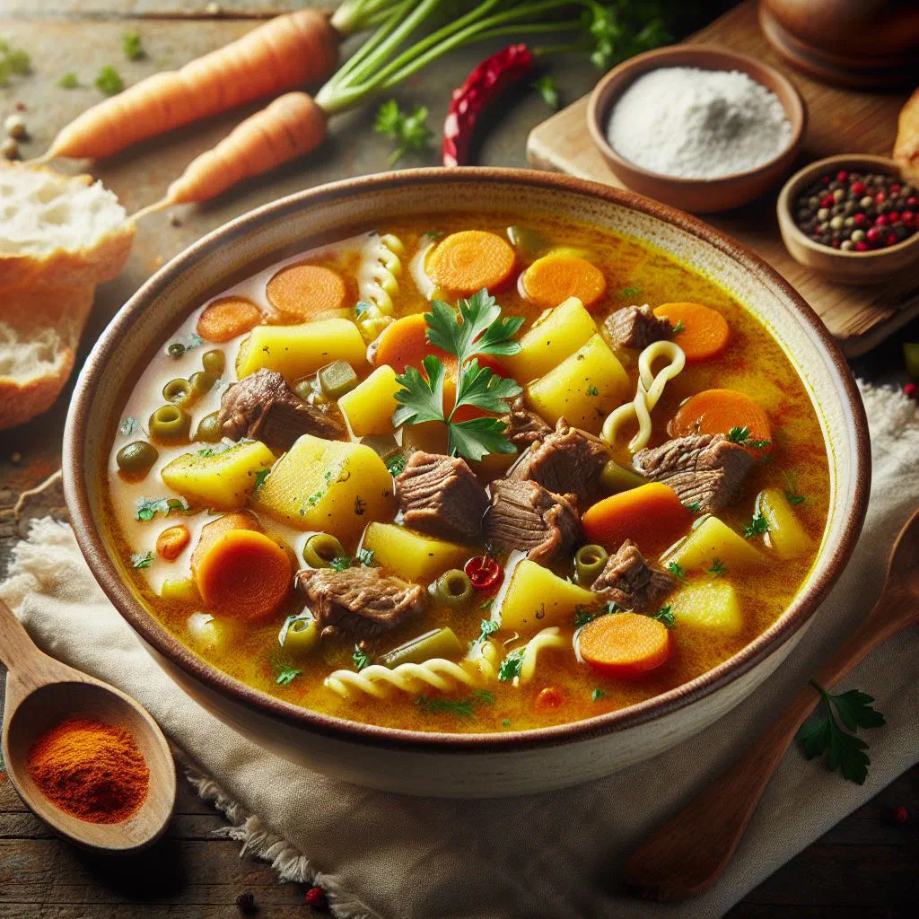 A bowl of golden Haitian joumou pumpkin soup garnished with fresh herbs