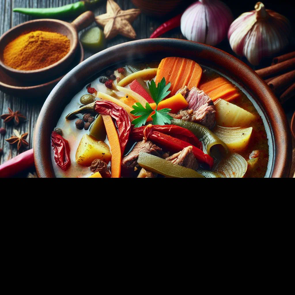 A bowl of golden Haitian joumou soup with beef, pumpkin and vegetables