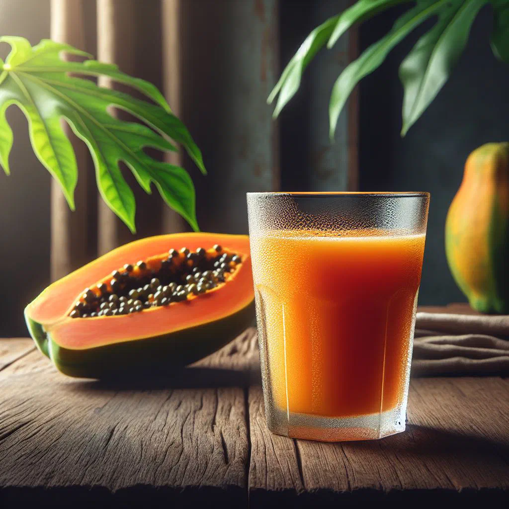 Glass of fresh papaya juice served over ice with a slice of lime