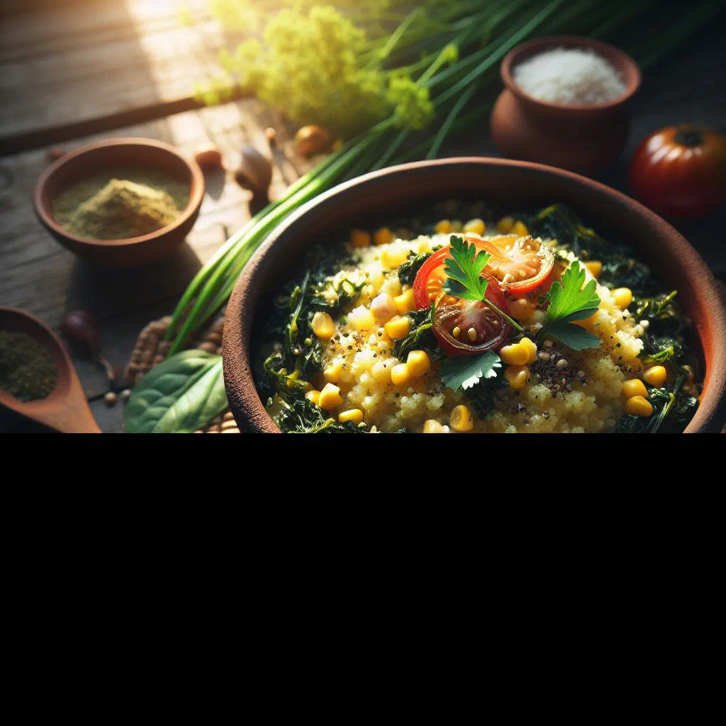 A bowl of creamy Haitian cornmeal with wilted spinach
