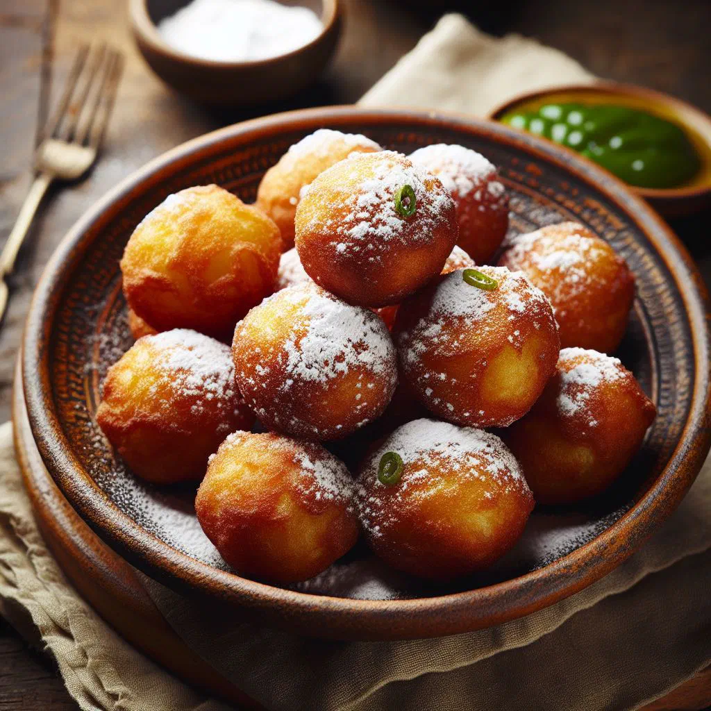 Golden fried malanga fritters piled on a plate