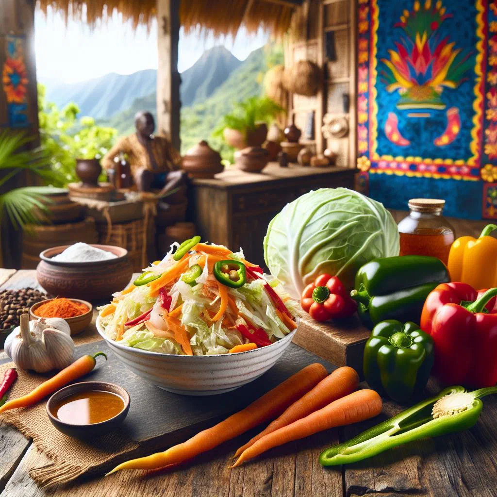 A jar of colourful Haitian pikliz with shredded cabbage, carrots and chilli