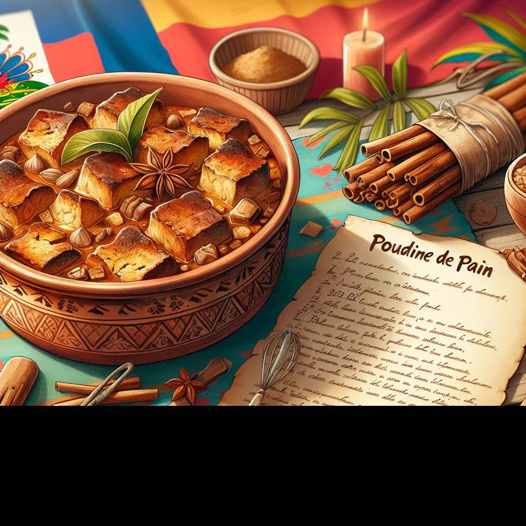 Golden-baked Haitian bread pudding dusted with cinnamon