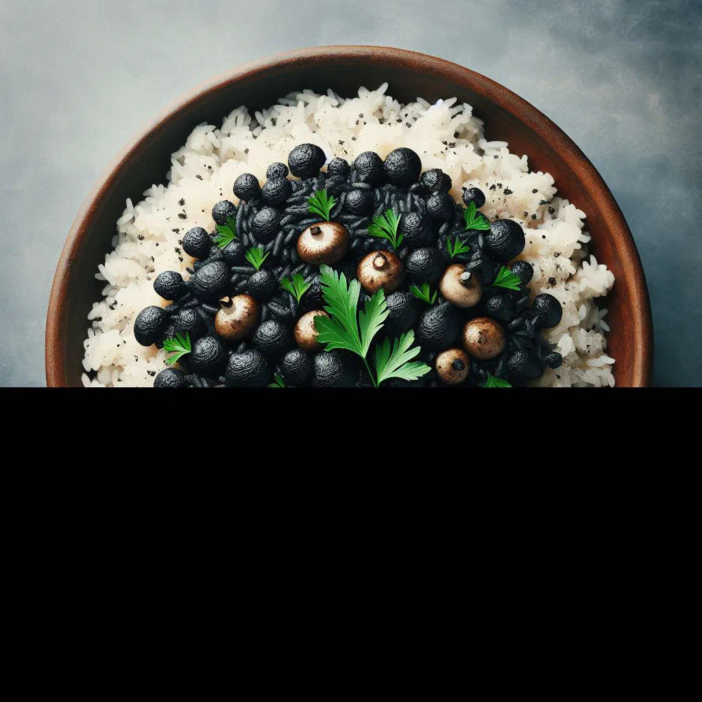 Dark black Haitian djondjon rice served in a bowl