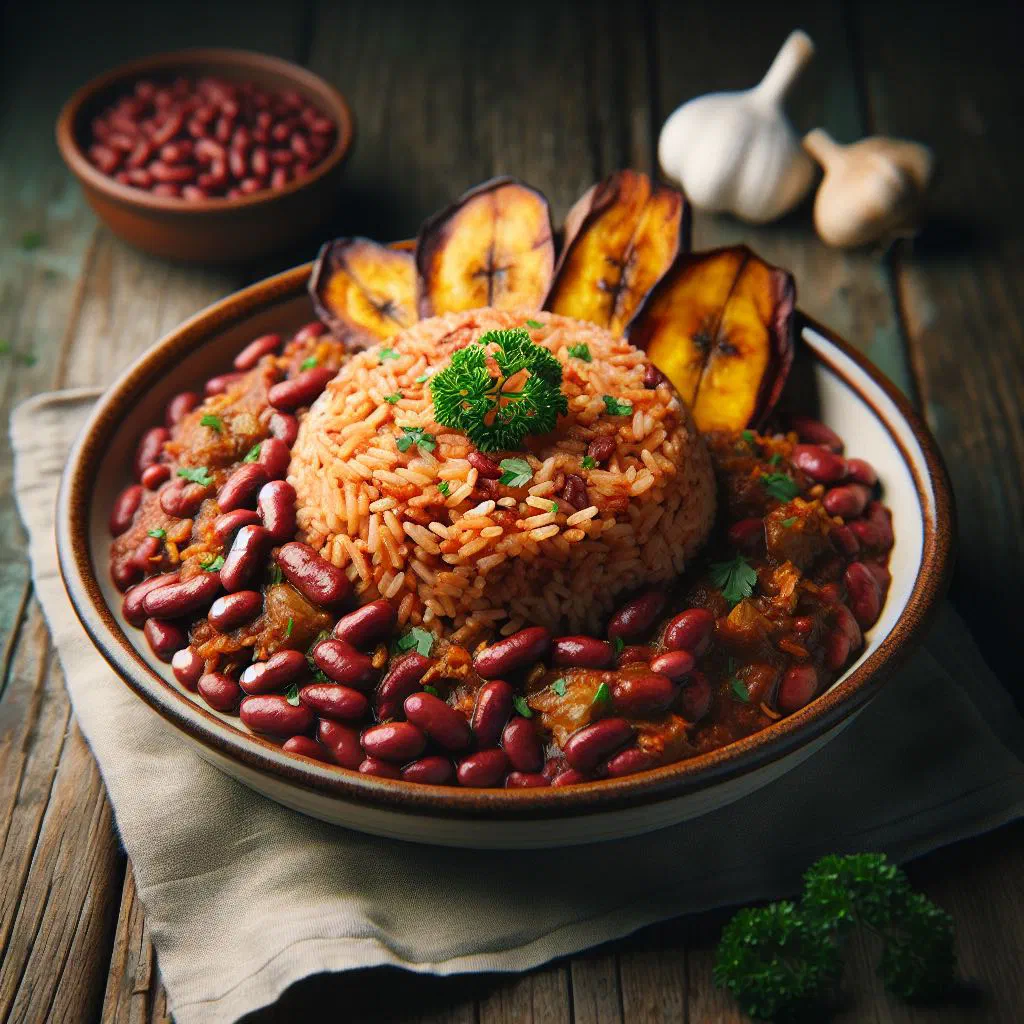 Bowl of Haitian red rice and beans garnished with fresh herbs