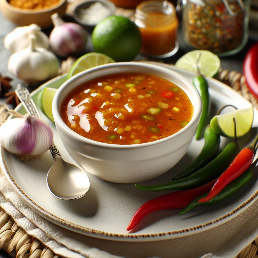 A small bowl of Sauce Ti Malice with fresh herbs and chilli