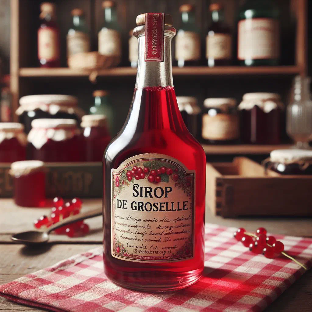 Bottle of deep-red Sirop de Groseille redcurrant syrup with fresh berries