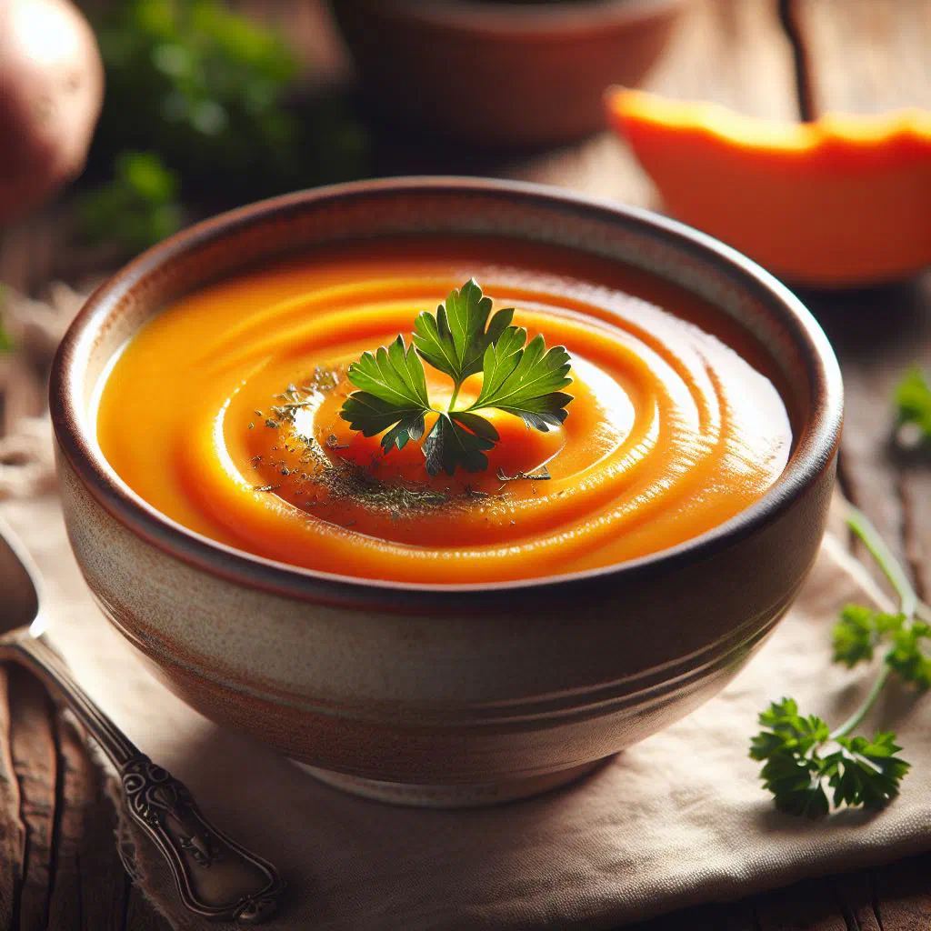 Creamy Haitian sweet potato velouté garnished with fresh herbs