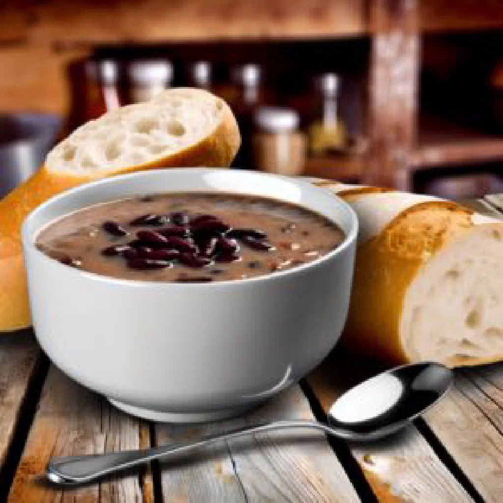 A bowl of Haitian Tablèt Nwa black bean stew garnished with fresh herbs