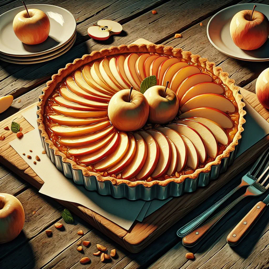 Golden Haitian apple tart with neatly arranged apple slices on puff pastry