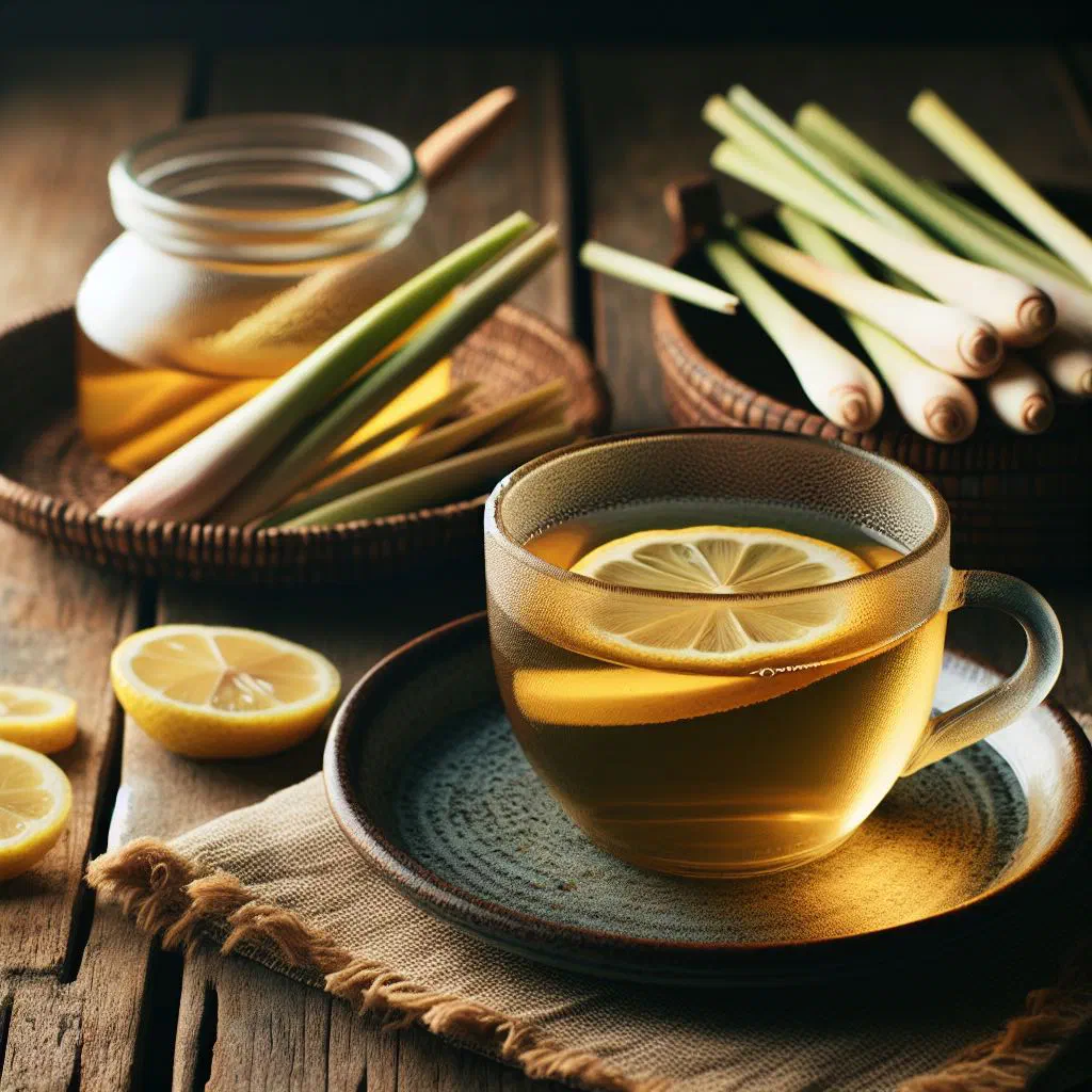A glass of golden Haitian lemongrass tea garnished with fresh mint