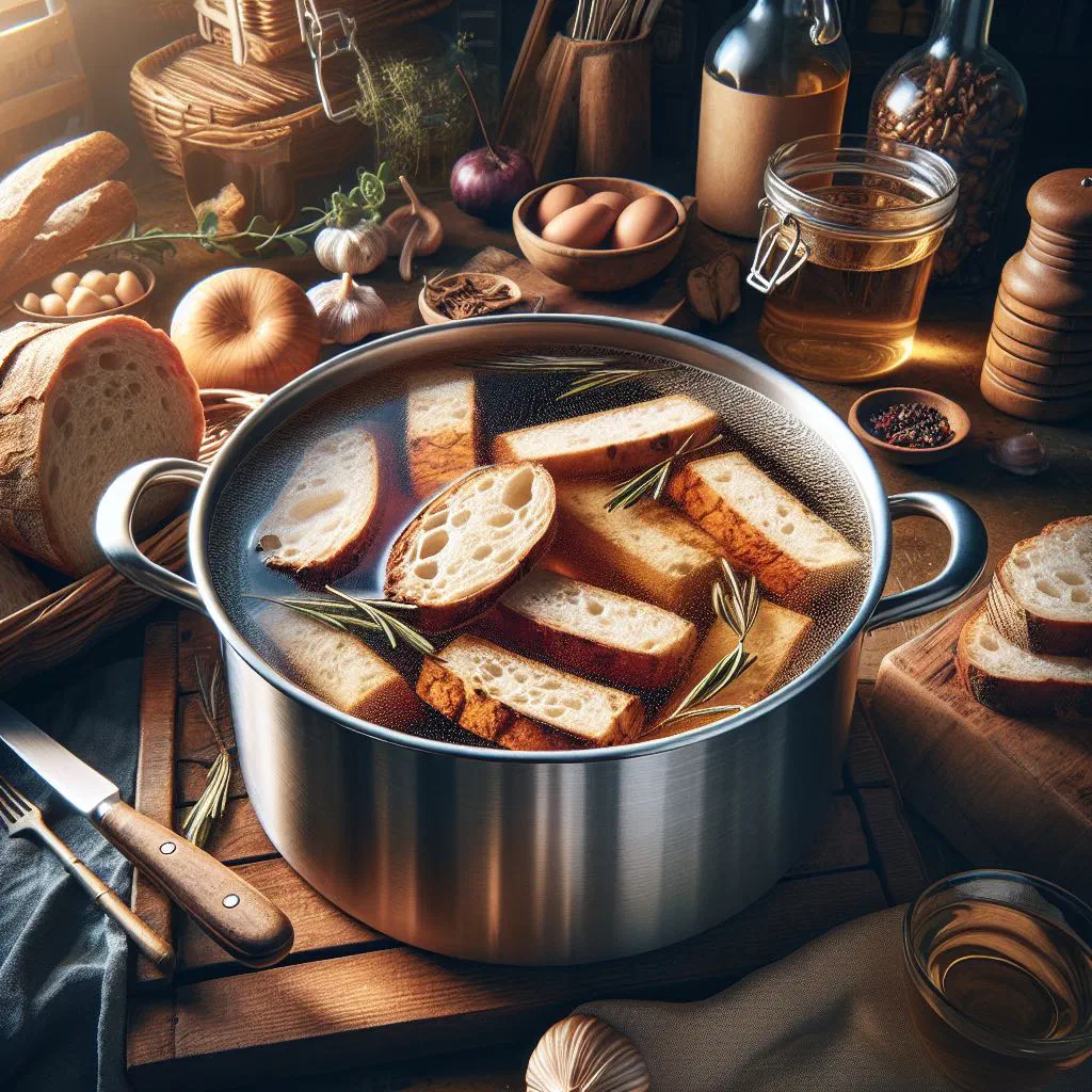 Bowl of Haitian trempage with spiced broth, tender meat and bread ready to soak