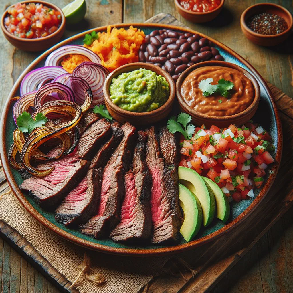 Sliced grilled carne asada garnished with fresh coriander and lime