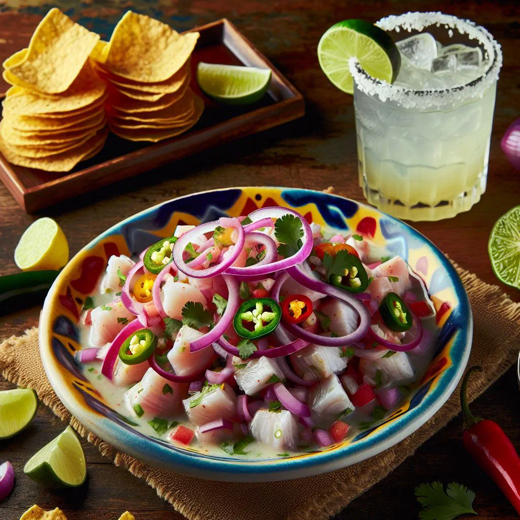 Fresh fish ceviche with onion, tomato and coriander served with crisp tortillas