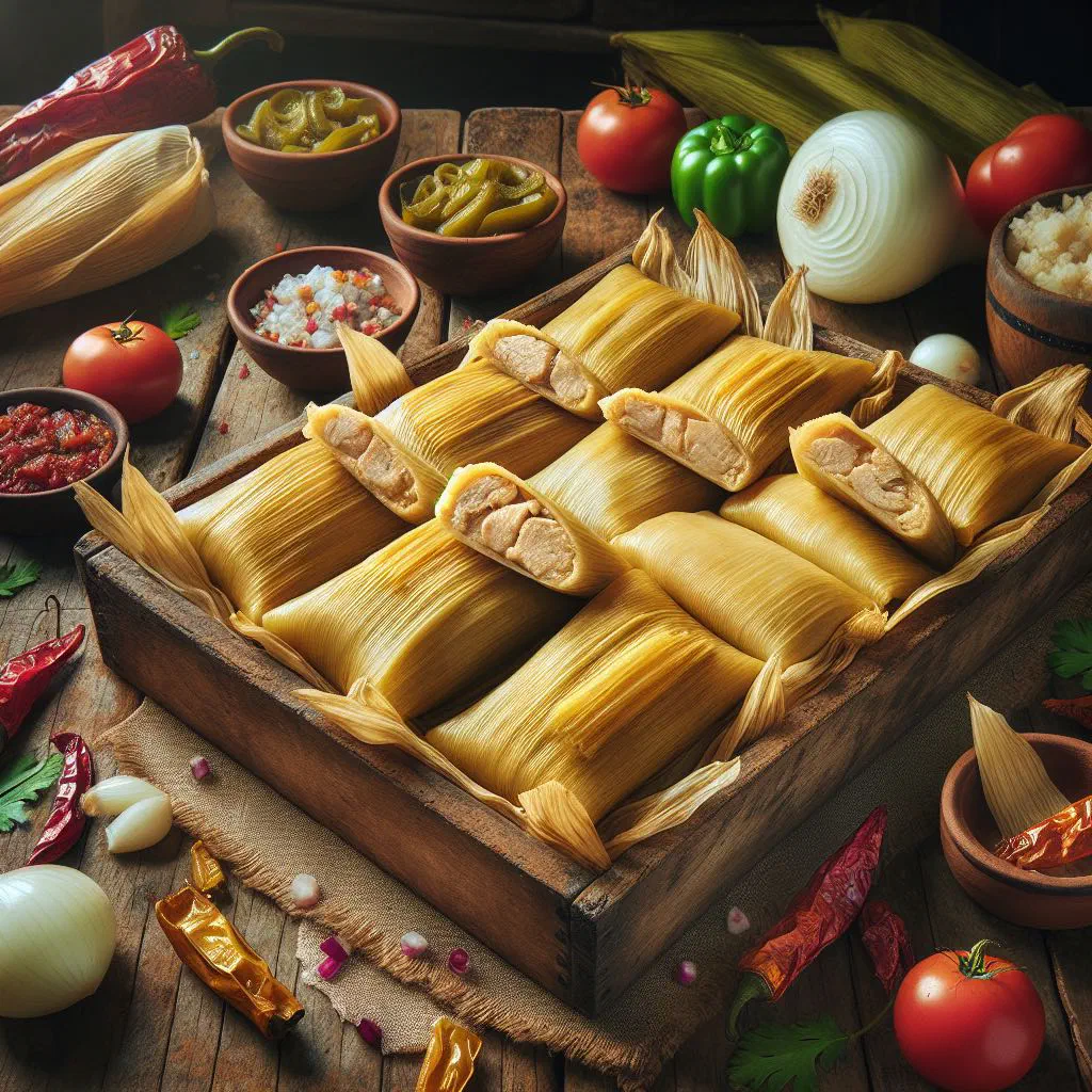 Chicken tamales wrapped and steamed in banana leaves on a plate