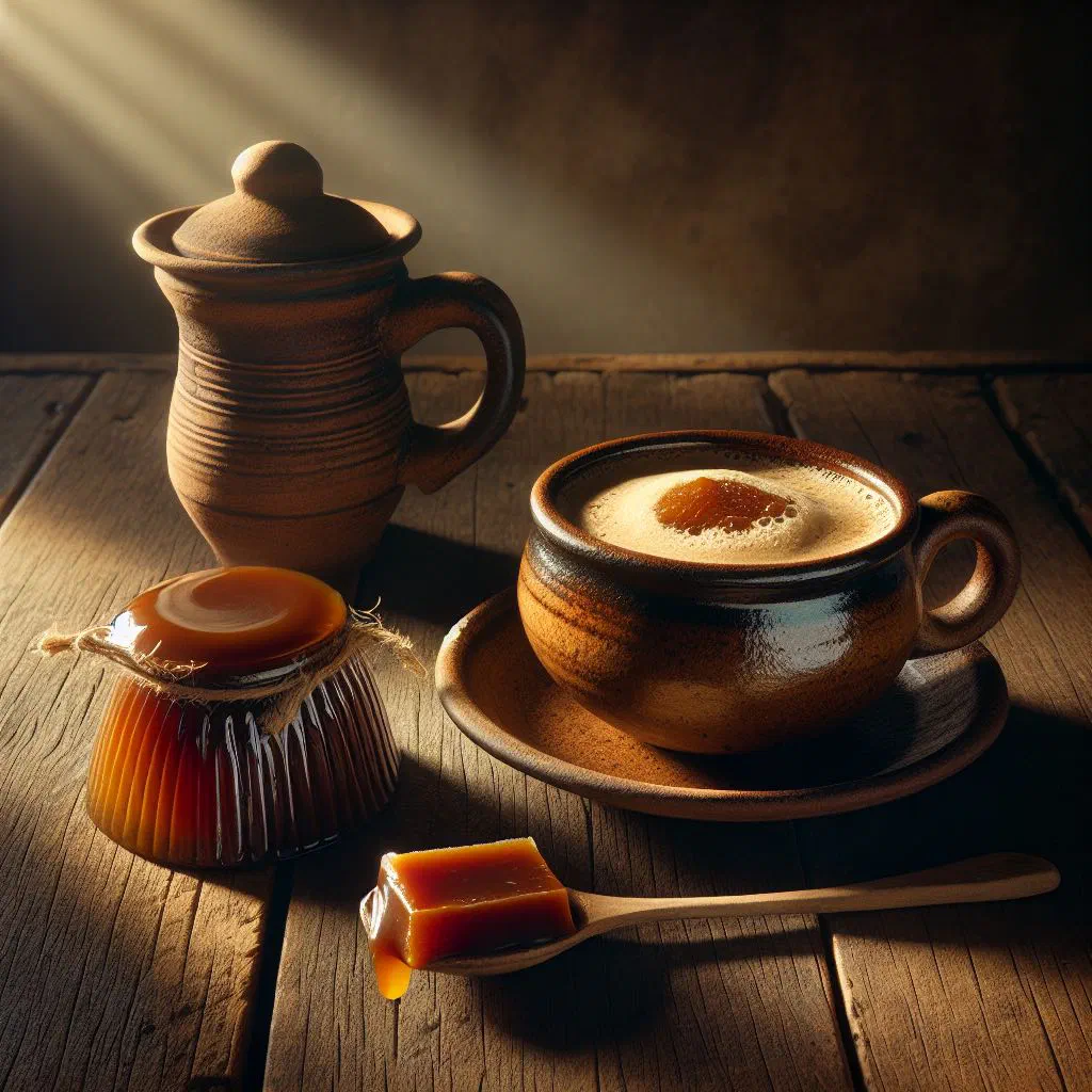 A warm cup of chilate con dulce de panela topped with a dusting of cacao