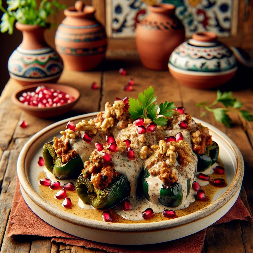 Stuffed poblano peppers topped with creamy walnut sauce and pomegranate