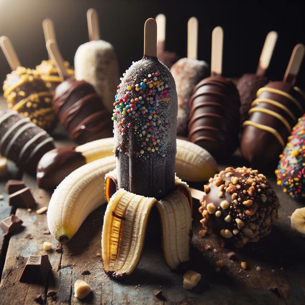Chocolate-coated frozen bananas on sticks sprinkled with nuts