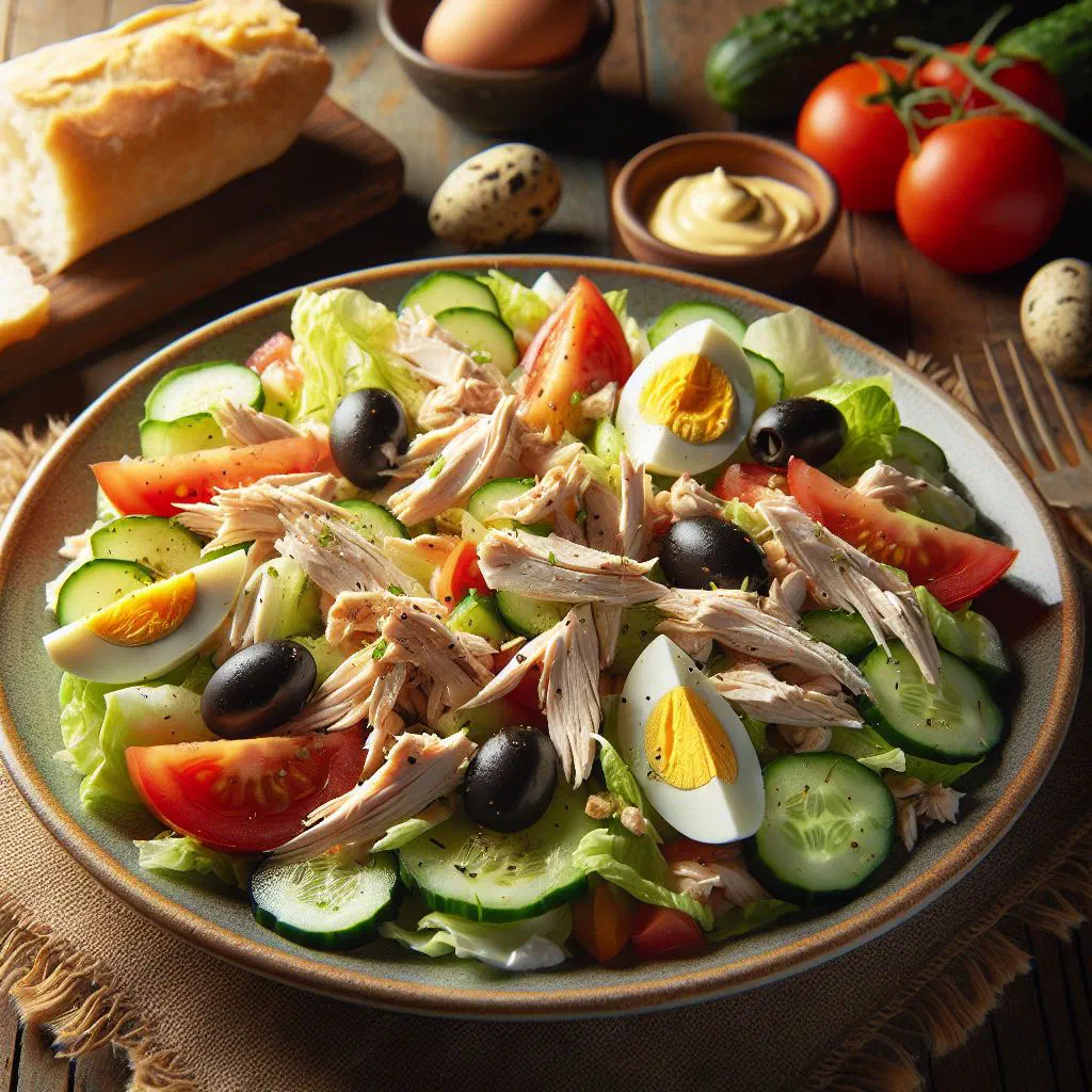 Honduran chicken salad with cucumber, cherry tomatoes and fresh herbs