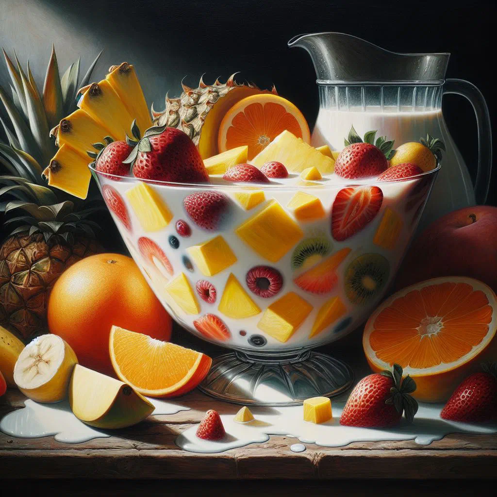 Frutas con leche served in a glass with fresh tropical fruit and creamy milk