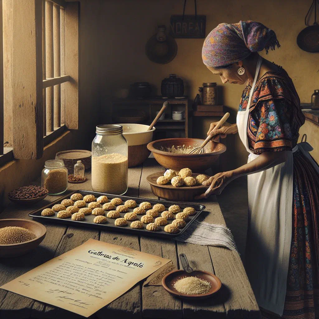 Golden Honduran sesame cookies arranged on a wooden board
