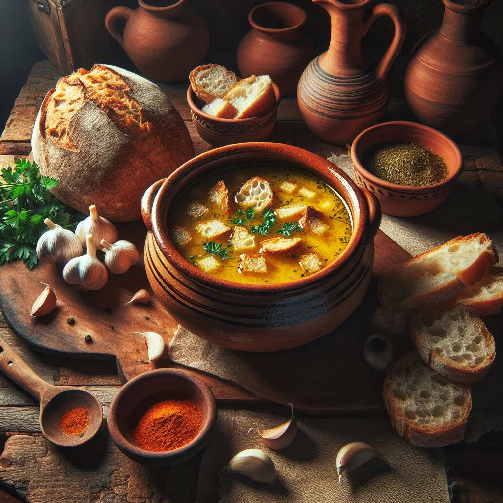 Steaming bowl of Honduran garlic soup garnished with fresh coriander