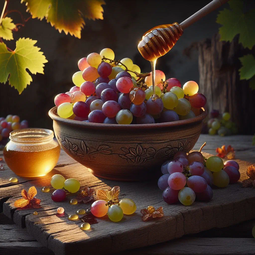 Fresh grapes glazed in golden honey syrup served in a small glass bowl