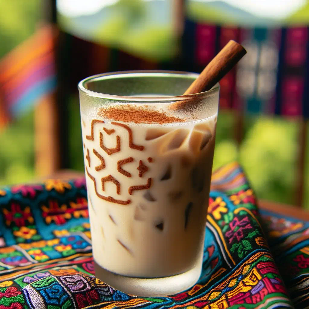 A glass of creamy horchata de Honduras dusted with cinnamon over ice