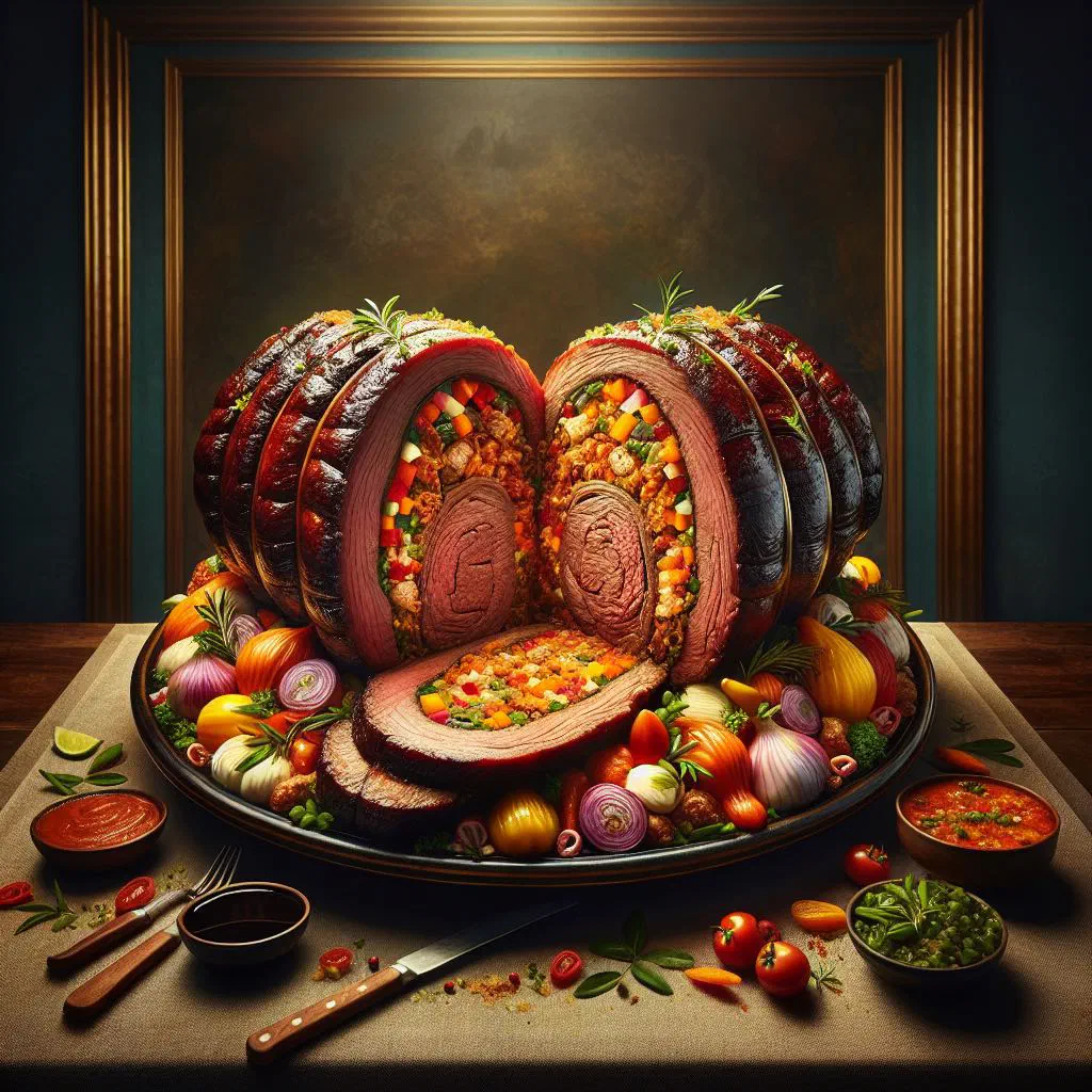 Sliced stuffed pork loin with an olive and nut filling, served on a plate