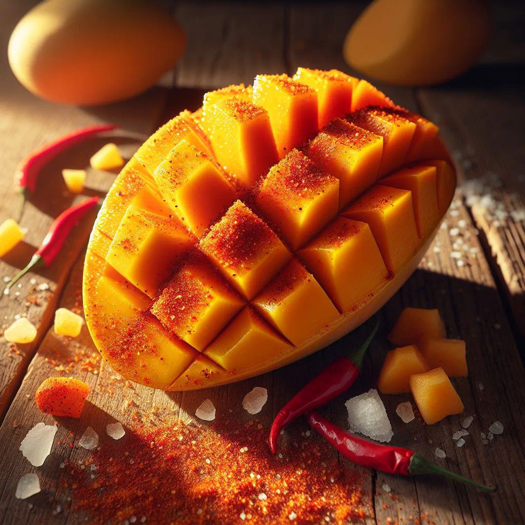 Fresh mango pieces dusted with chilli powder and salt in a bowl