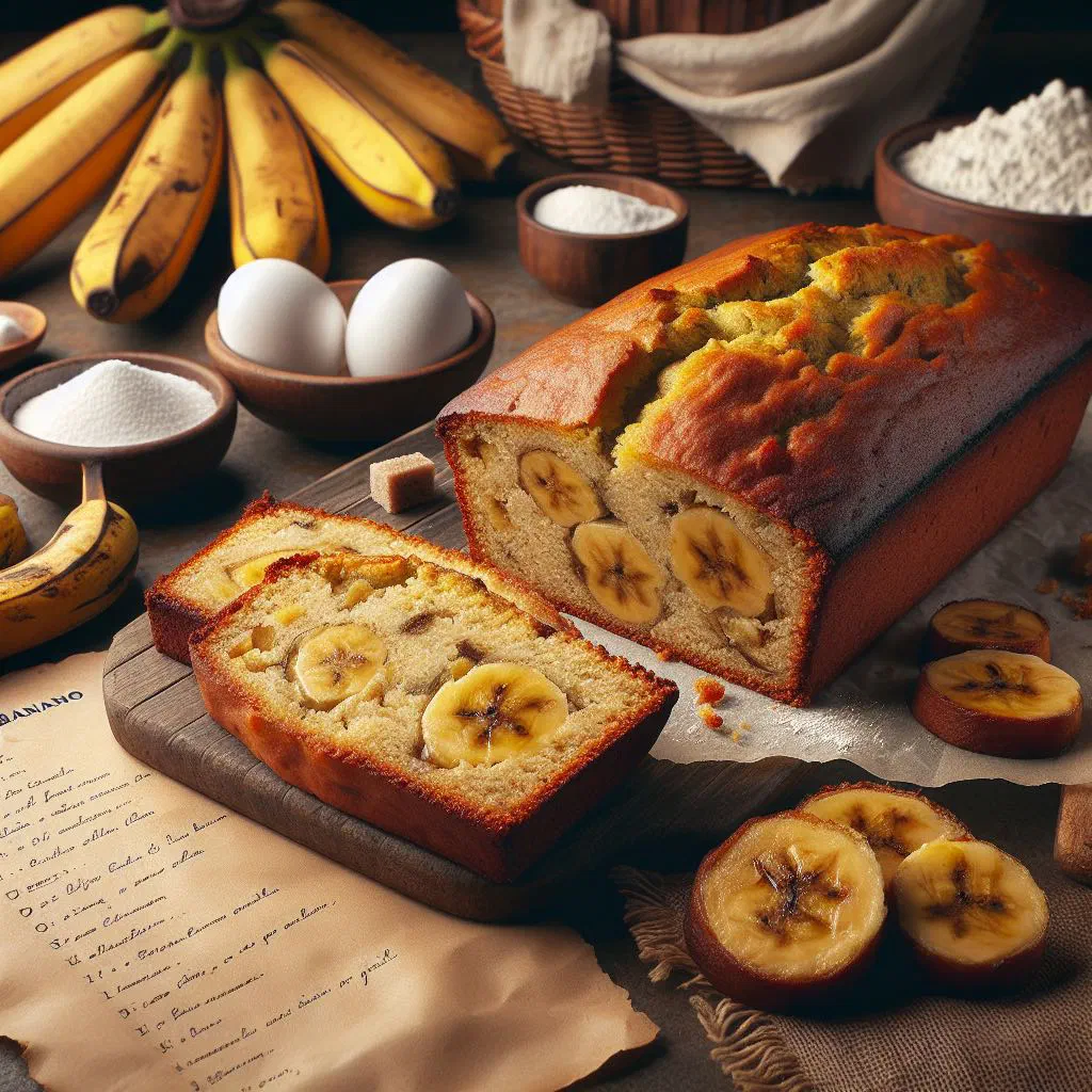 Sliced loaf of Honduran banana bread on a wooden board