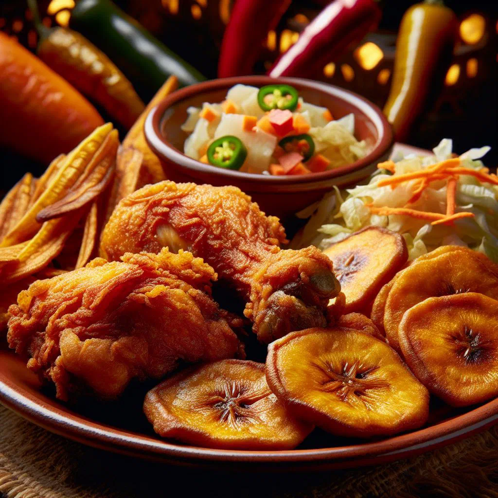 Crispy fried chicken served with golden fried plantain slices