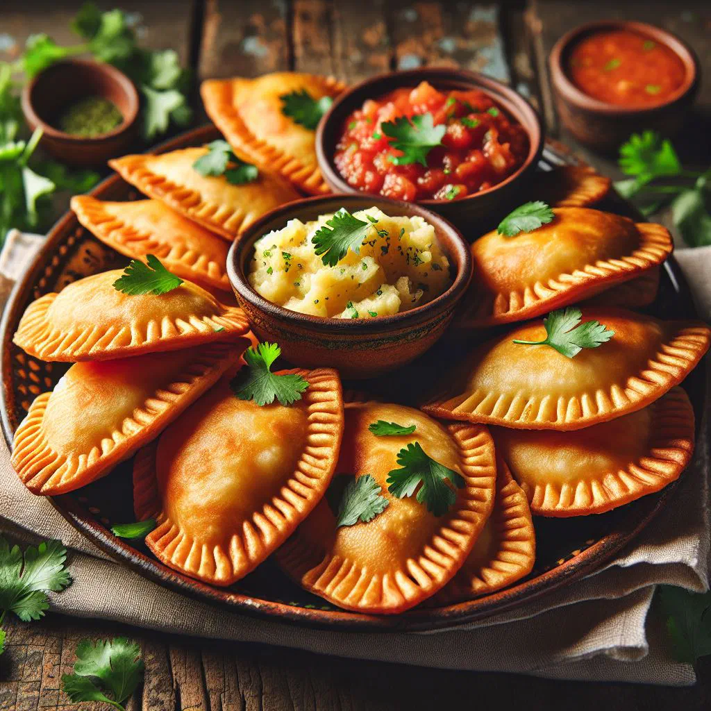 Golden fried potato pastelitos filled with spiced minced meat